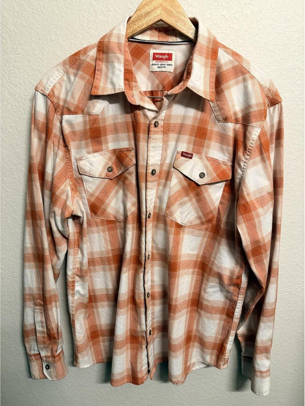 Wrangler Western Shirt Mens Large Orange Plaid Button Front Long Sleeve